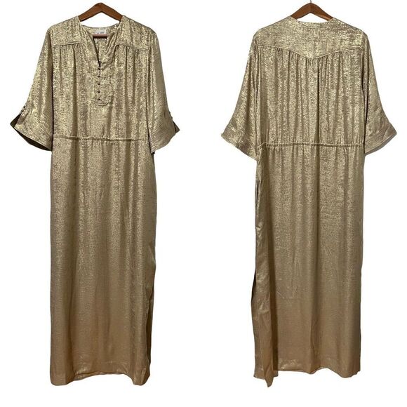 St. John Metallic Champagne V Neck Gown Size L Side Slit Luxe Maxi Dress - FLAWS - Picture 1 of 12